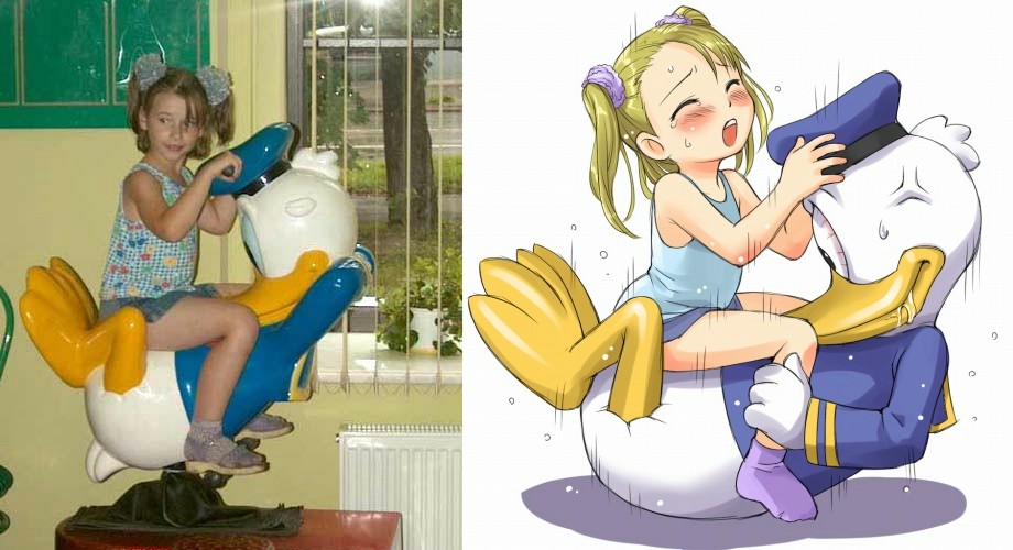 mosha, donald duck, disney, straddle, derivative work, photo (medium), reference photo, blonde hair, comparison, feet, girl on top, interspecies, kiddie ride, loli, parody, reference, riding, scrunchie, sex, short twintails, socks, sweat, twintails, what