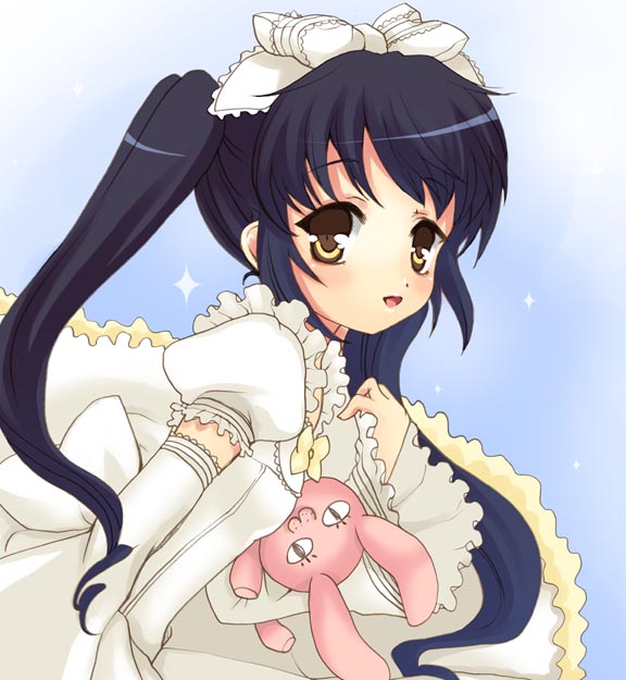 kumao mofumofu, original, 1girl, blue hair, brown eyes, female focus, hair ribbon, lolita fashion, ribbon, simple background, solo, stuffed animal, stuffed rabbit, stuffed toy, twintails