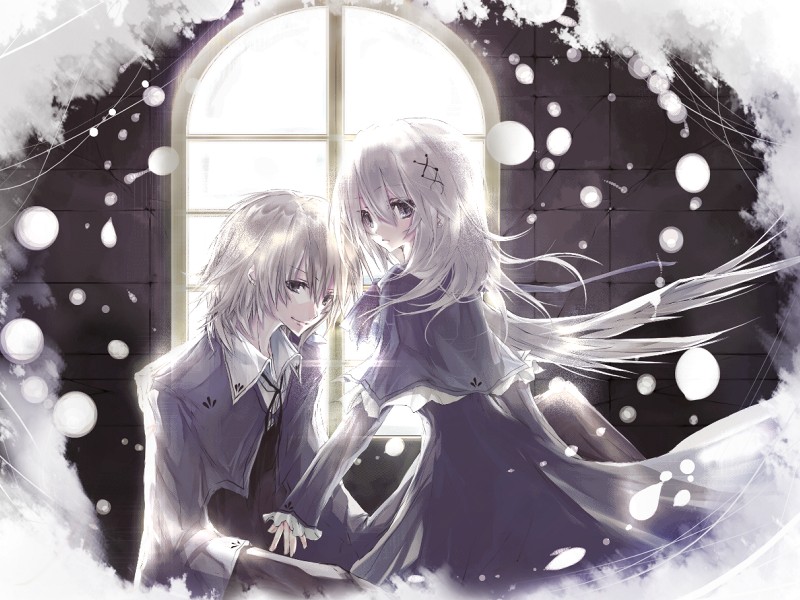 laruha, original, 1boy, 1girl, grey eyes, snow, snowing, white hair
