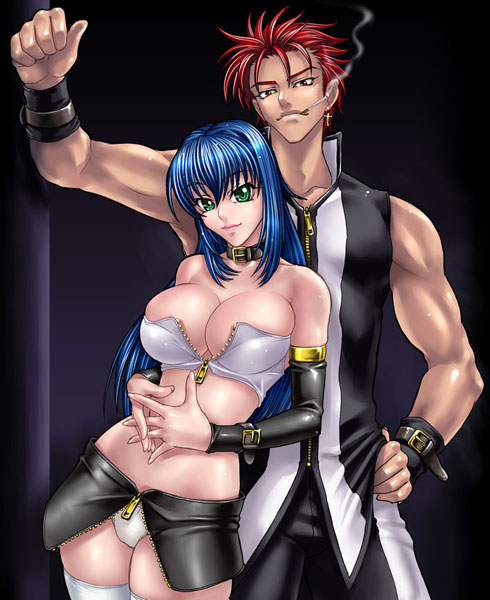kagami hirotaka, aki (emina&aki), emina (emina&aki), emina&aki, original, 1boy, 1girl, blue hair, breasts, choker, cigarette, cleavage, couple, green eyes, huge breasts, large breasts, miniskirt, panties, pantyshot, red eyes, red hair, short hair, skirt, smoking, thighhighs, underwear, upskirt