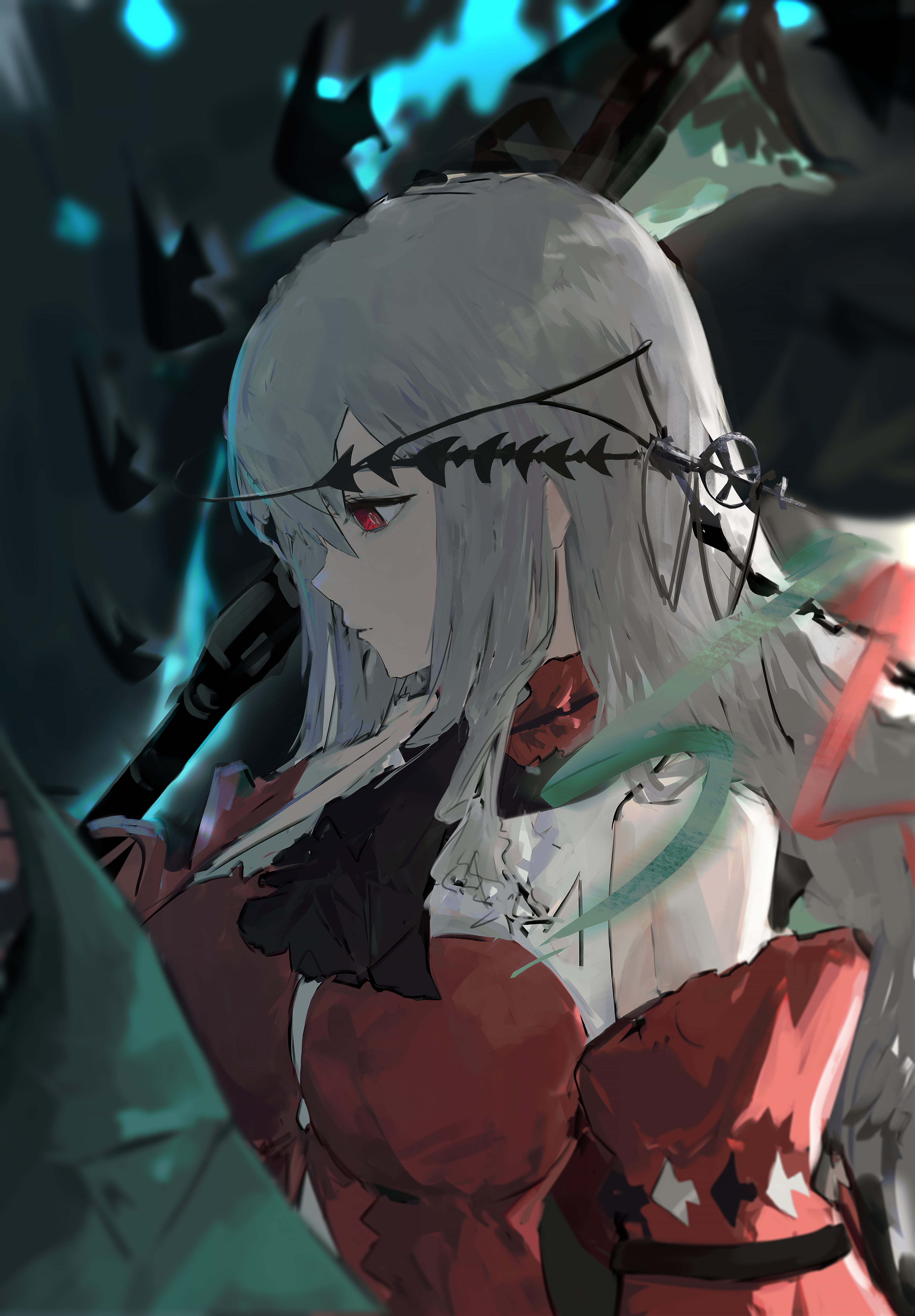 nueegochi, skadi (arknights), skadi the corrupting heart (arknights), arknights, absurdres, highres, 1girl, angelfish, ascot, bare shoulders, black ascot, blurry, blurry background, breasts, closed mouth, clothing cutout, detached sleeves, dress, fish, grey hair, hair between eyes, hair ornament, hair ribbon, halterneck, holding, holding staff, long hair, long sleeves, medium breasts, navel cutout, off-shoulder dress, off shoulder, official alternate costume, profile, red dress, red eyes, red sleeves, ribbon, solo, staff, tropical fish, very long hair