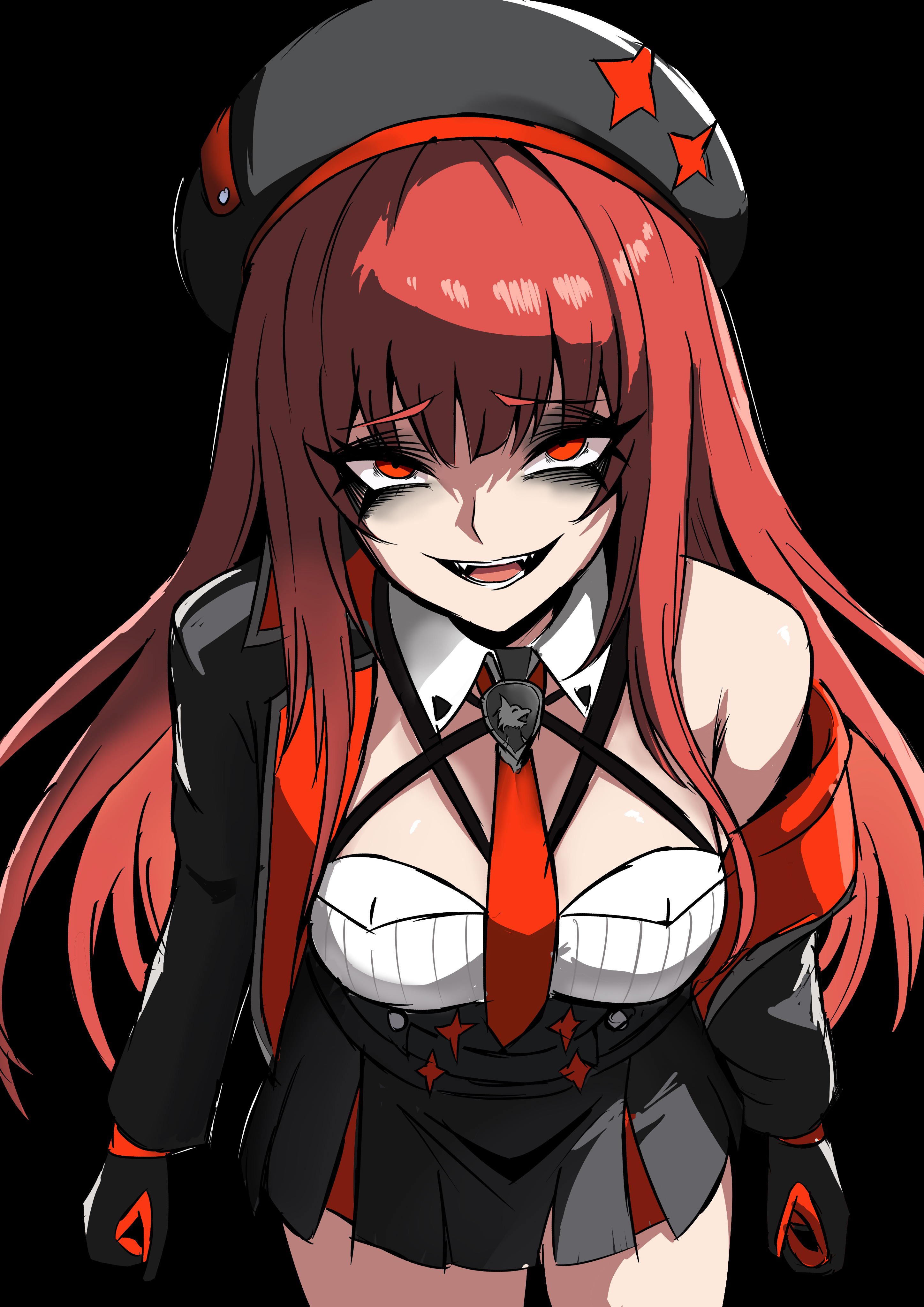 nagainegi, rapi (nikke), rapi (red hood) (nikke), goddess of victory: nikke, absurdres, commentary request, highres, 1girl, beret, black background, blunt bangs, breasts, detached collar, evil grin, evil smile, gloves, grin, hat, long eyelashes, looking at viewer, necktie, off shoulder, red hair, red necktie, single bare shoulder, single off shoulder, smile, solo, two-tone gloves, two-tone hat