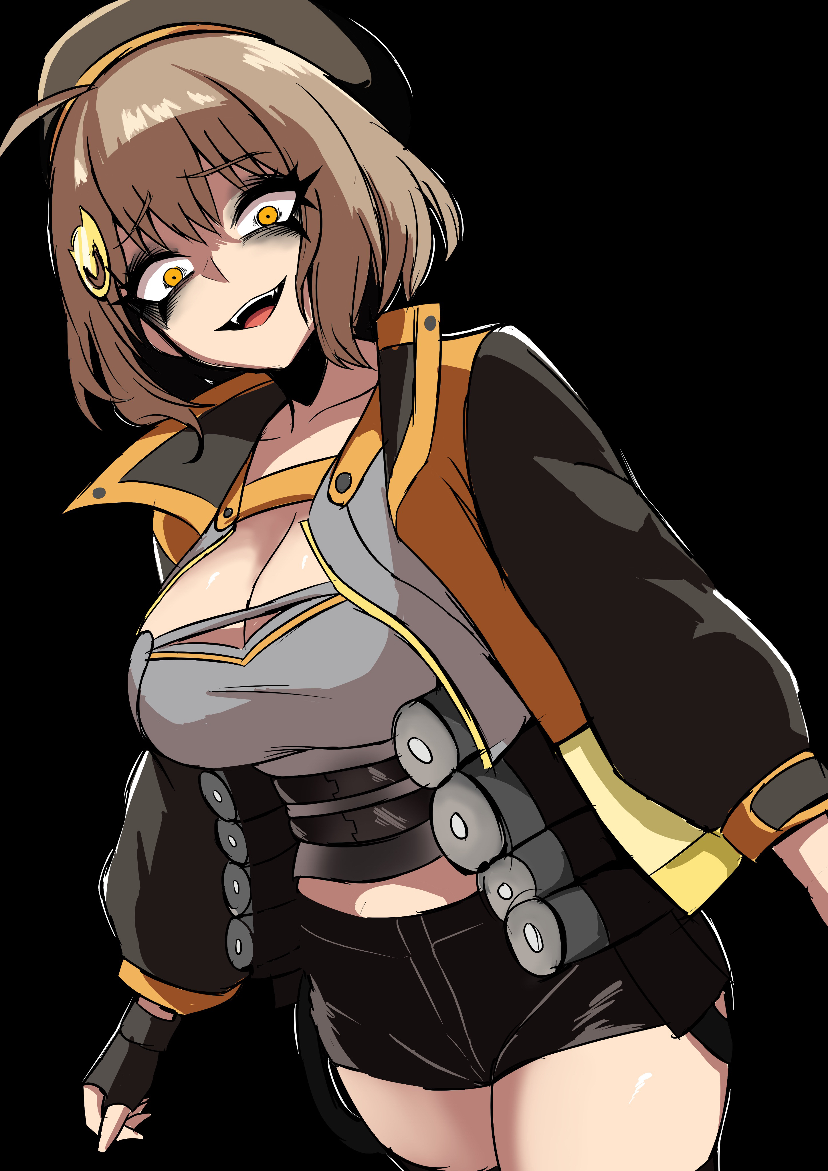 nagainegi, anis (nikke), goddess of victory: nikke, absurdres, highres, 1girl, ahoge, beret, blush, breasts, brown eyes, brown hair, cleavage, grenade launcher, hat, jacket, large breasts, looking at viewer, navel, short hair, smile, solo, thighs, weapon, yellow jacket