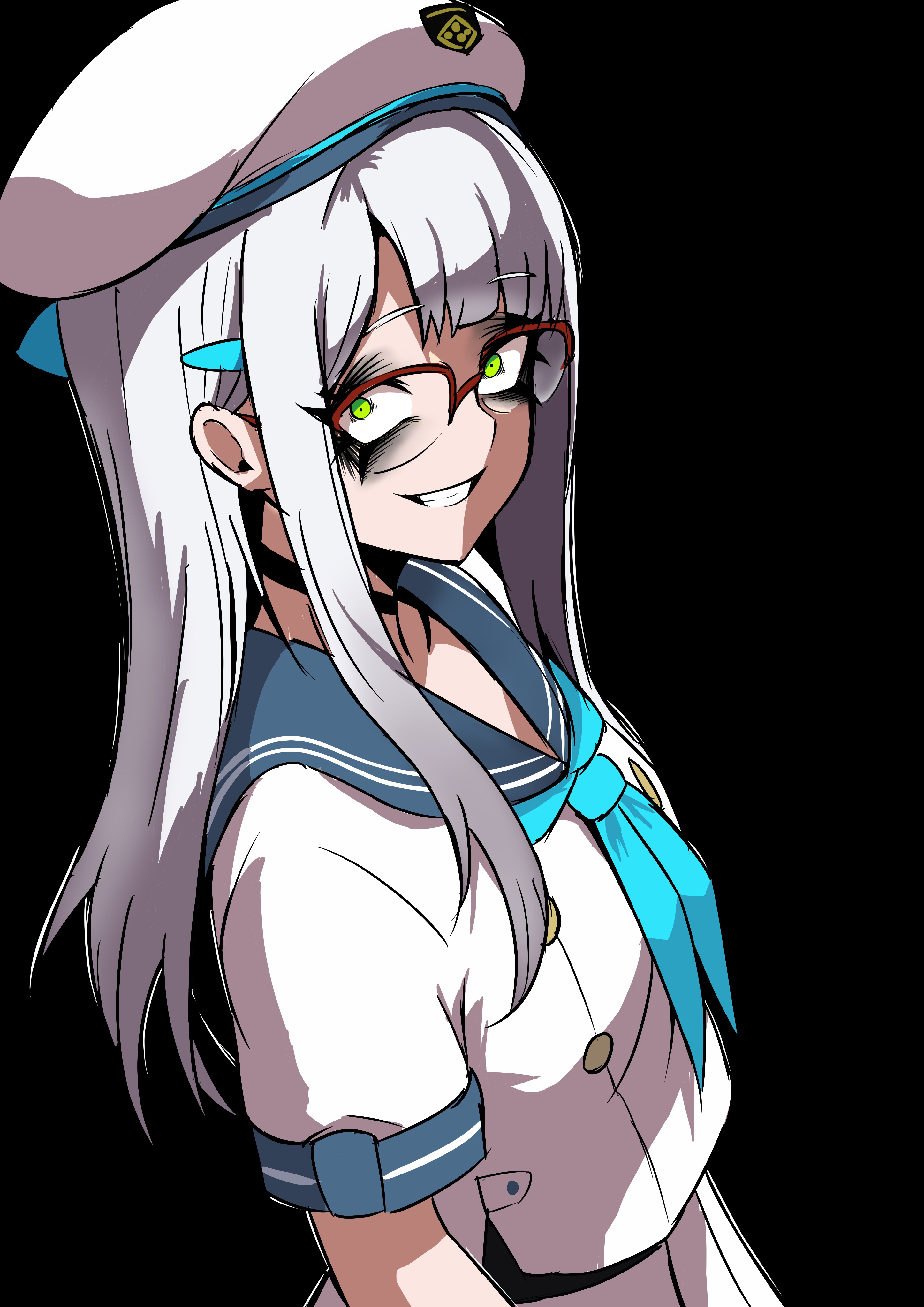 nagainegi, neon (nikke), goddess of victory: nikke, absurdres, highres, 1girl, arm pouch, beret, breasts, collared leotard, glasses, green eyes, hat, large breasts, looking at viewer, over-rim eyewear, pink innertube, semi-rimless eyewear, skirt, smile, solo, white hair