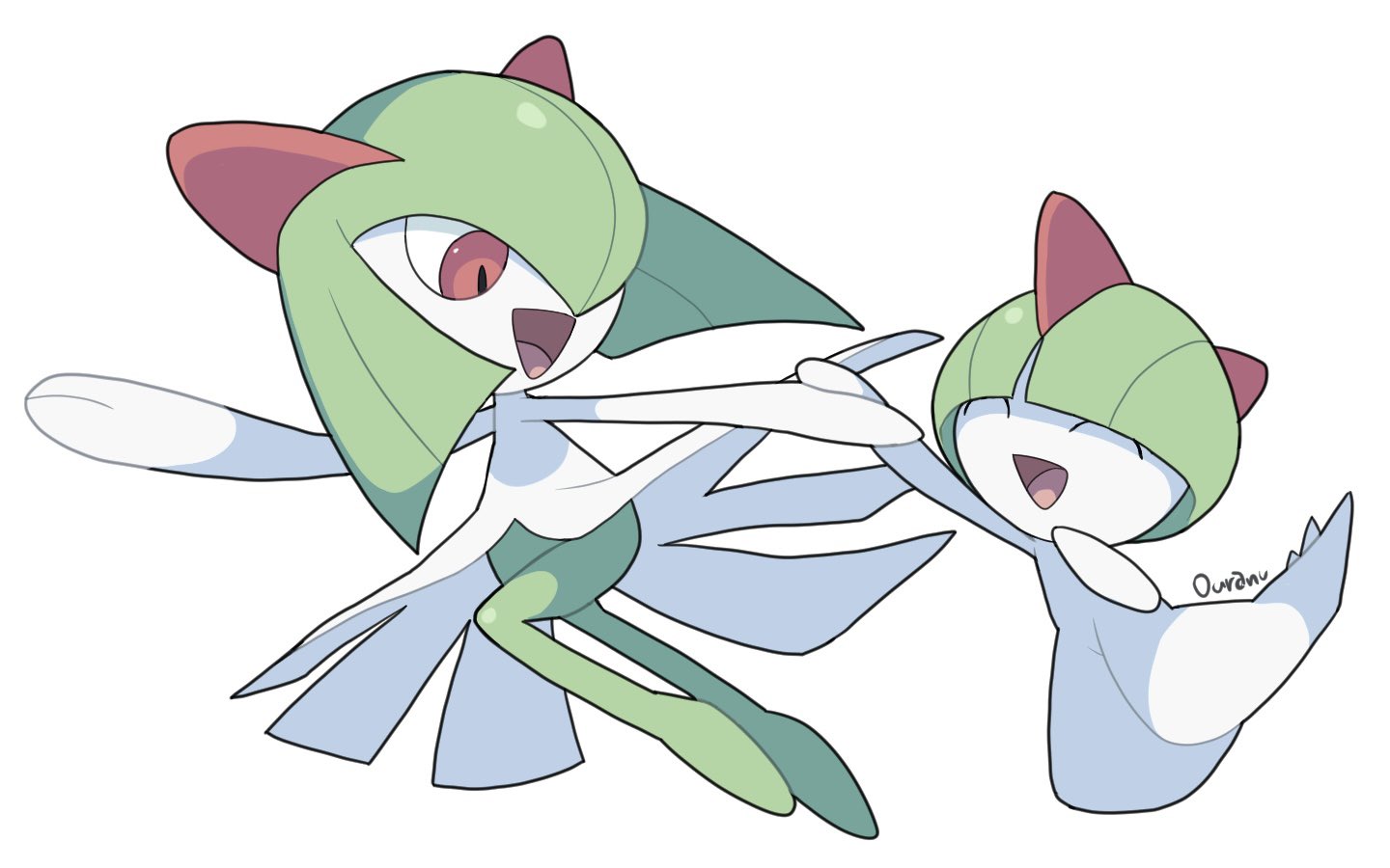 ouran, kirlia, ralts, nintendo, pokemon, bowl cut, closed eyes, colored skin, full body, gen 3 pokemon, green hair, green skin, hair over one eye, holding hands, multicolored skin, open mouth, pokemon (creature), red eyes, simple background, smile, two-tone skin, white background, white skin