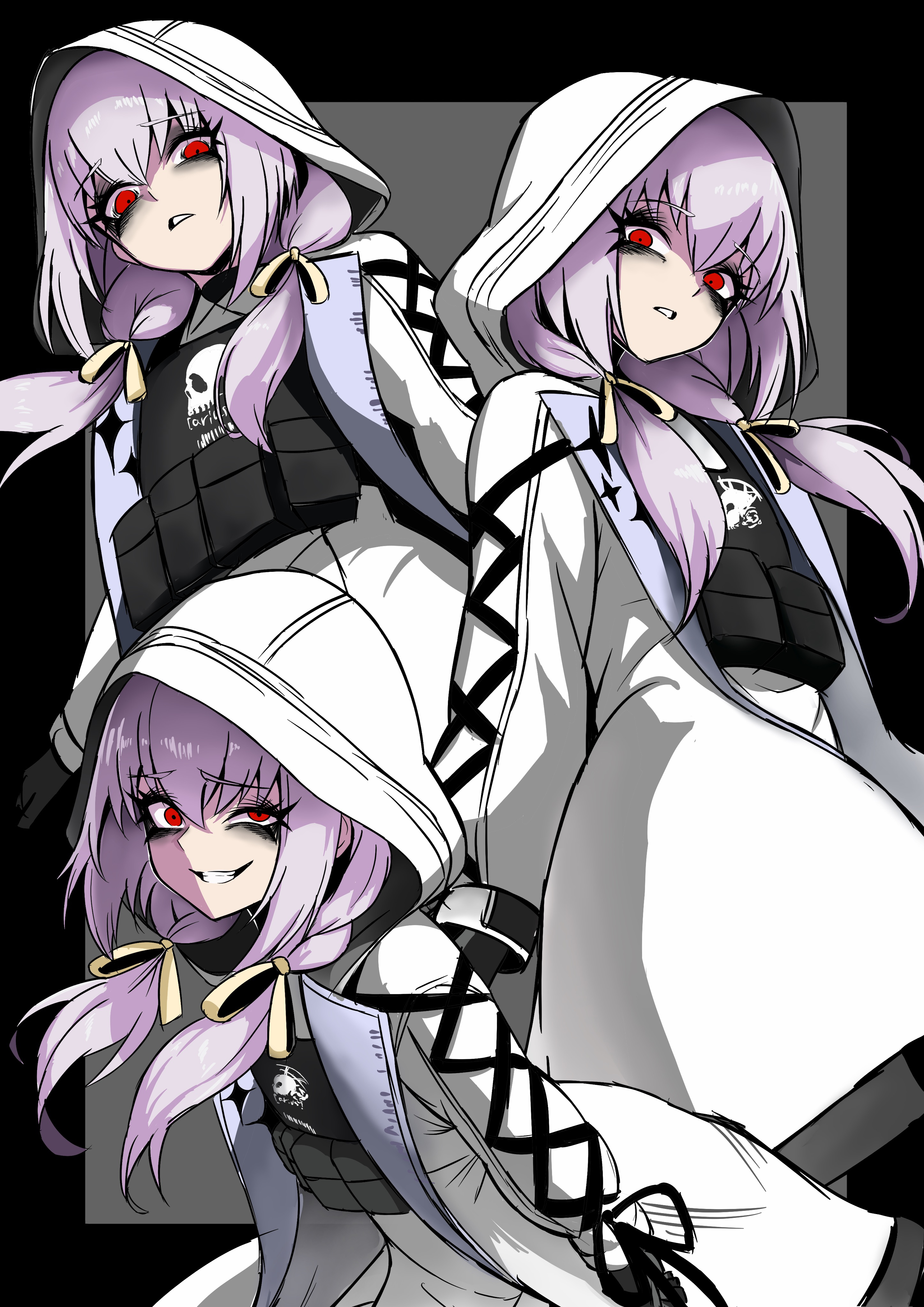 nagainegi, atsuko (blue archive), blue archive, absurdres, highres, translation request, 1girl, bags under eyes, braid, bulletproof vest, gloves, grey halo, hair between eyes, halo, hood, jacket, long hair, long sleeves, looking at viewer, low twin braids, multiple persona, purple hair, red eyes, see-through clothes, see-through jacket, simple background, solo, twin braids, white halo, white hood, white jacket