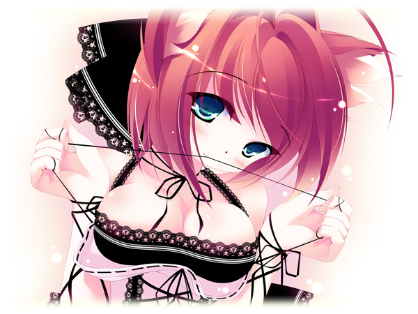inuneko, original, eyebrows, 1girl, animal ears, black hair, blue eyes, blush, breasts, cat ears, cleavage, female focus, head tilt, holding, looking at viewer, red hair, short hair, solo, tareme
