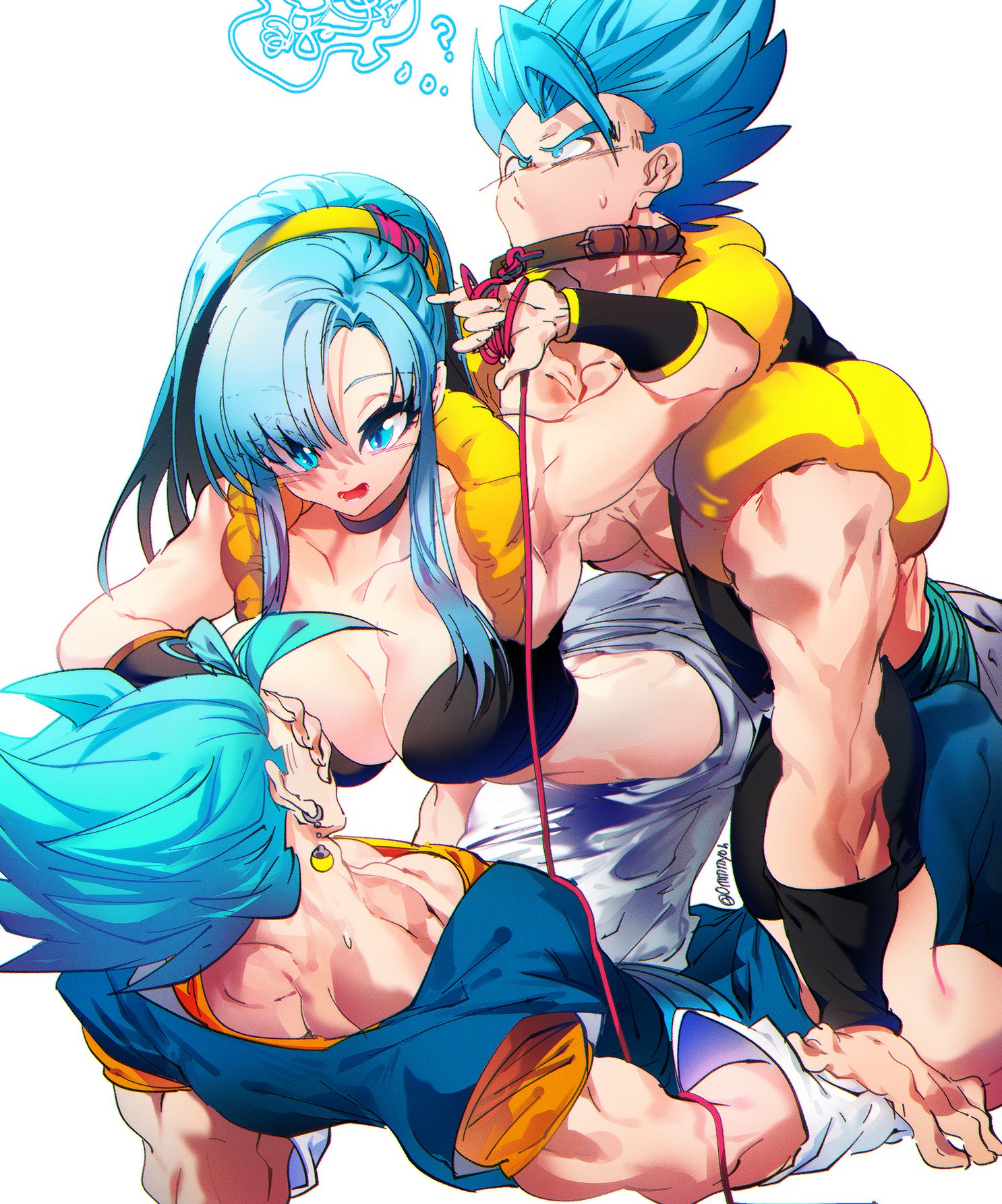 ommmyoh, bulchi, gogeta, vegetto, dragon ball, highres, 1girl, 2boys, ?, blue eyes, blue hair, choker, earrings, fusion, gloves, jewelry, leash, multiple boys, pants, white gloves, white pants