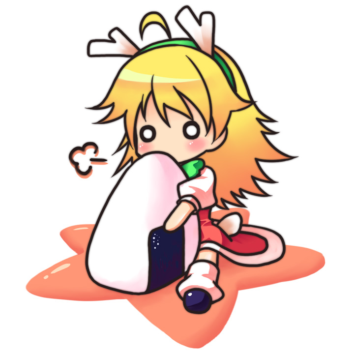 a utopia, hirase yuu, hoshii miki, idolmaster, idolmaster (classic), idolmaster 1, 00s, 1girl, ahoge, blonde hair, blush, chibi, female focus, food, hairband, mini person, minigirl, o o, onigiri, sitting, solo