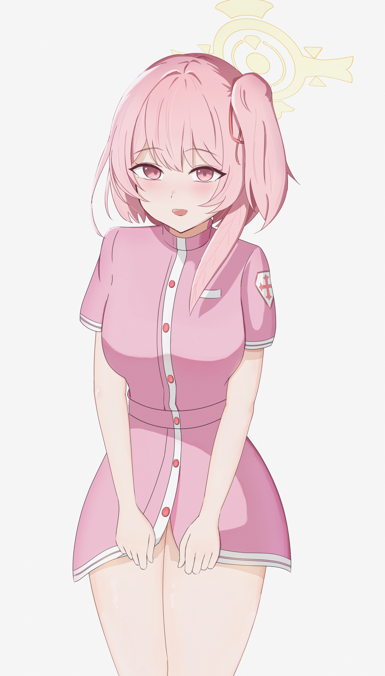 montsuko, serina (blue archive), serina (nurse) (blue archive), blue archive, absurdres, commentary, highres, 1girl, :d, blush, cowboy shot, dress, dress tug, feather hair, hair ribbon, halo, looking at viewer, medium hair, no headwear, nurse, official alternate costume, one side up, open mouth, pink dress, pink eyes, pink hair, red ribbon, ribbon, short dress, short sleeves, simple background, smile, solo, thighs, tsurime, white background, yellow halo