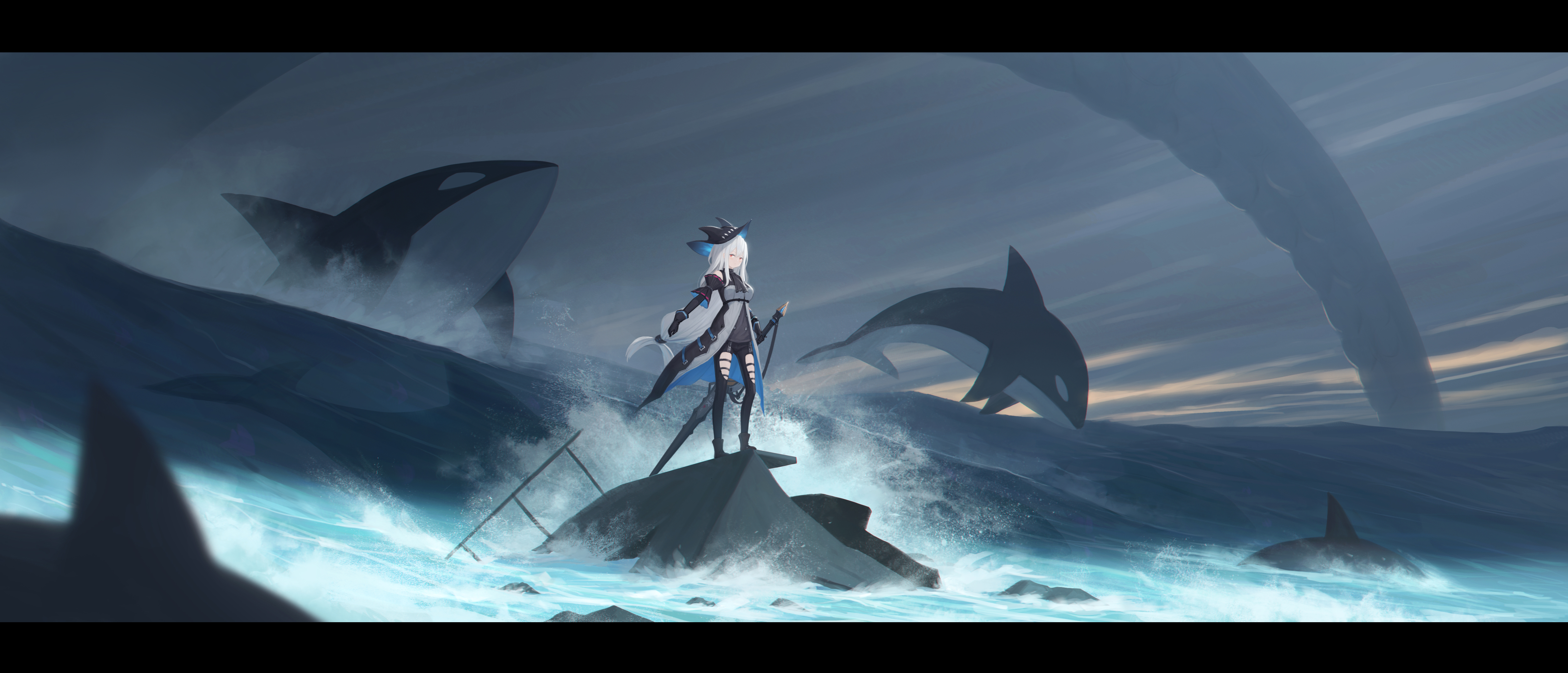 yao ren gui, skadi (arknights), skadi (elite ii) (arknights), arknights, absurdres, highres, 1girl, angelfish, animal, arm cuffs, ascot, bare shoulders, black ascot, black chaps, black gloves, black pants, black shirt, blurry, blurry foreground, boots, breasts, chaps, clothing cutout, cloud, cloudy sky, detached sleeves, dusk, fish, foaming at the mouth, full body, gloves, grey hair, hair between eyes, holding, holding sword, holding weapon, letterboxed, long hair, low-tied long hair, ocean, orca, outdoors, pants, red eyes, scenery, shirt, sky, solo, standing, sword, tentacles, thigh cutout, very long hair, waves, weapon, wide shot