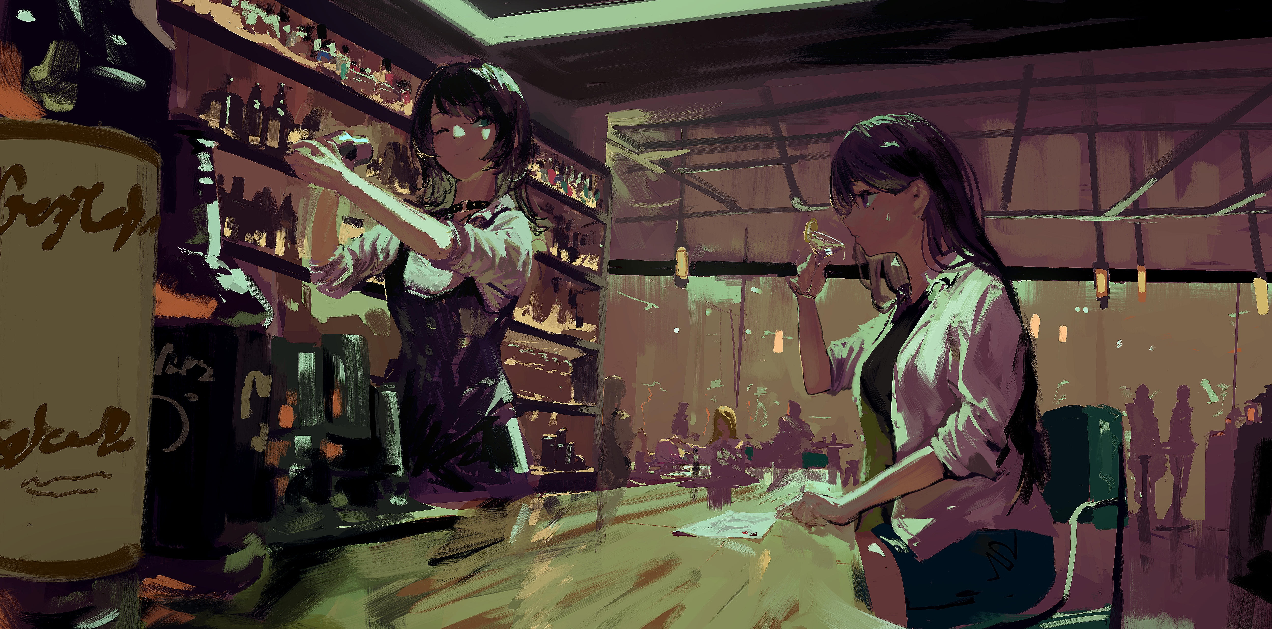 lemtun, chihaya anon, nagasaki soyo, shiina taki, yahata umiri, bang dream!, bang dream! it's mygo!!!!!, absurdres, commentary, highres, 5girls, bartender, black choker, black vest, bottle, brown hair, chair, choker, cigarette, cocktail glass, cocktail shaker, cup, drinking glass, holding, holding cup, indoors, jacket, mole, mole under eye, multiple girls, people, pink hair, purple eyes, shirt, sidelocks, smoke, sweatdrop, vest, white jacket, white shirt