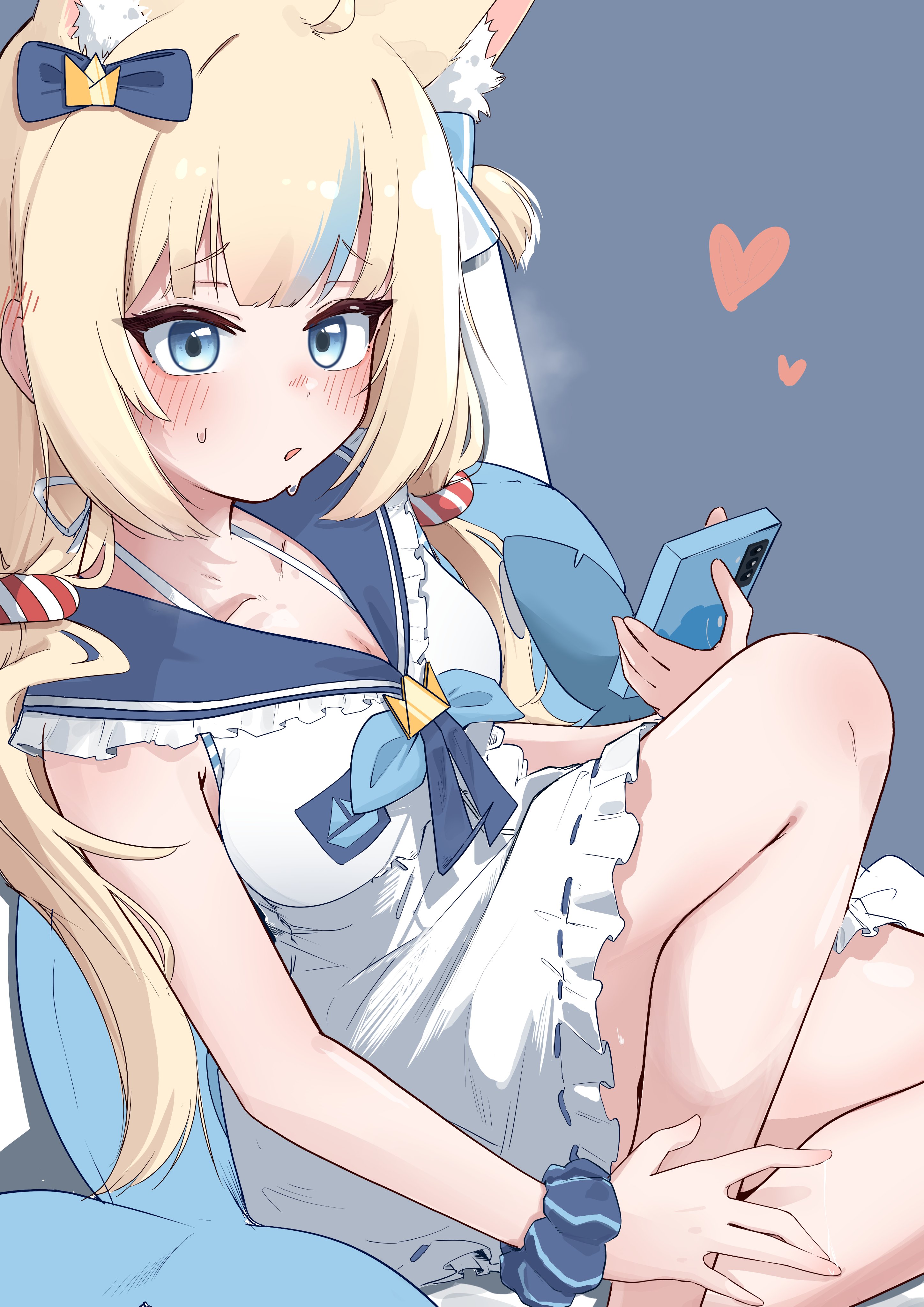 sinsu, sameko saba, indie virtual youtuber, absurdres, highres, 1girl, ahoge, animal ear fluff, animal ears, bikini, bikini under clothes, blonde hair, blue bow, blue eyes, blue sailor collar, blue streaks, blunt bangs, blush, bow, breasts, cat ears, cellphone, cleavage, collarbone, dress, fins, fish girl, fish tail, frilled sailor collar, frills, hair bow, hand on own leg, heart, holding, holding phone, knee up, lifebuoy hair ornament, long hair, low twintails, multicolored hair, one side up, parted lips, phone, sailor collar, sailor dress, scrunchie, sidelocks, sitting, small breasts, smartphone, solo, streaked hair, sweat, swimsuit, tail, twintails, very long hair, virtual youtuber, white dress, wrist scrunchie