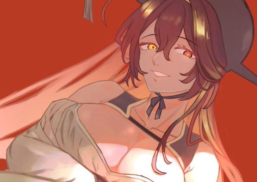 chiyou (kaedegami), kaedegami, 1girl, breasts, cleavage, collarbone, heterochromia, large breasts, long hair, red hair, solo