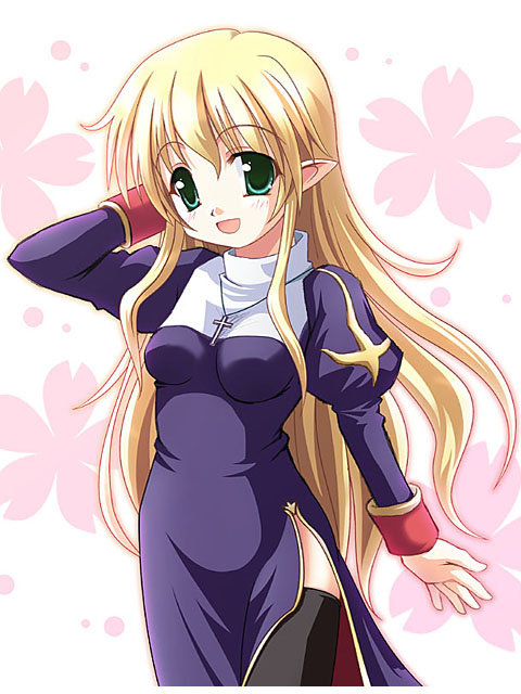 betti, priest (ragnarok online), ragnarok online, 1girl, blonde hair, cross, female focus, green eyes, green hair, latin cross, matching hair/eyes, pointy ears, priest, solo, thighhighs