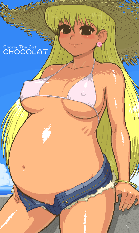 tenseiani, tina foster, ai yori aoshi, 1girl, bikini, bikini top only, blonde hair, blush, breasts, covered erect nipples, cutoffs, denim, denim shorts, earrings, female focus, jewelry, long hair, looking at viewer, oekaki, outdoors, pregnant, shorts, sky, smile, solo, swimsuit, underboob, very long hair, white bikini