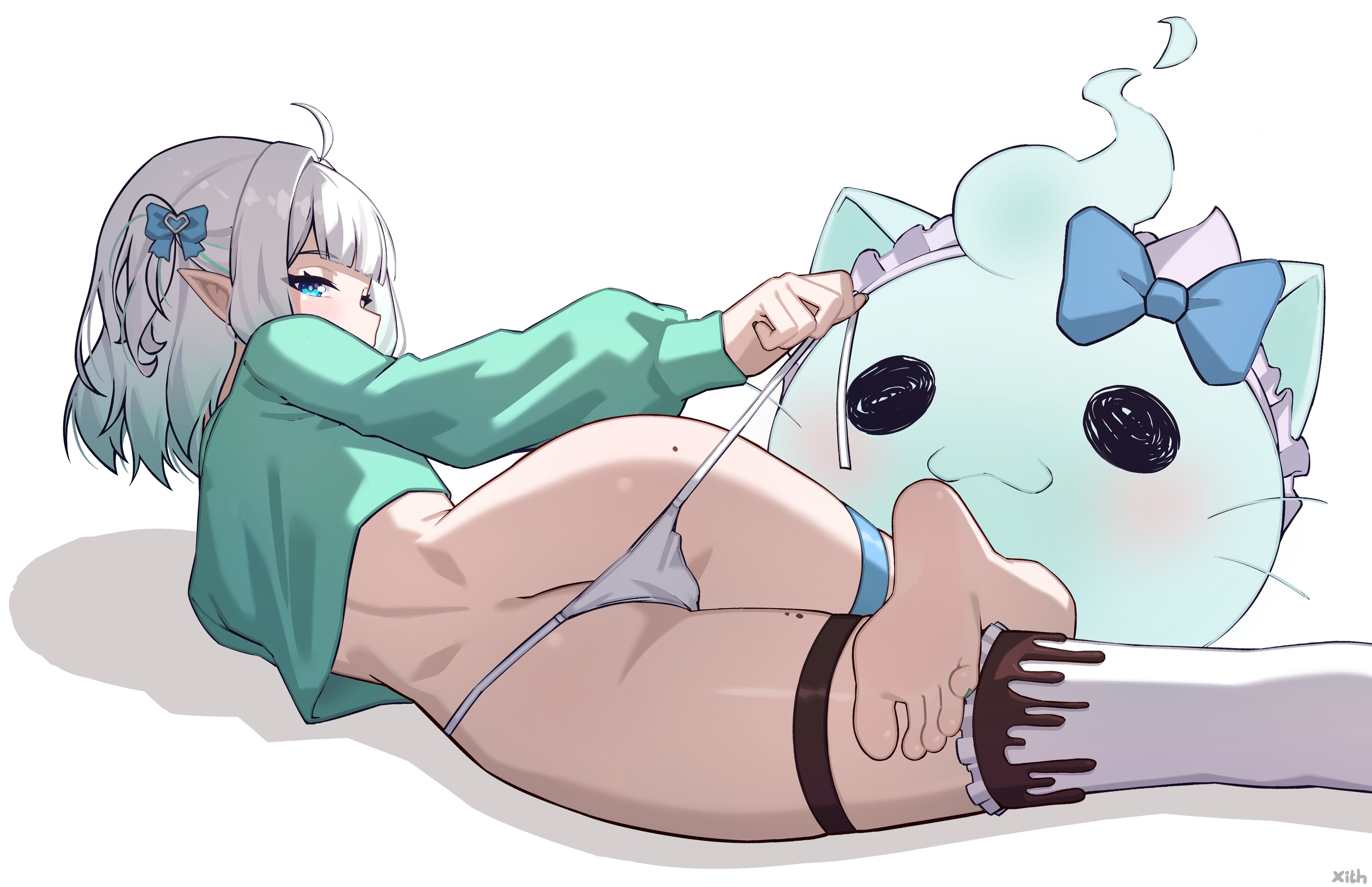 x xith x, mint fantome, wisps (mint fantome), indie virtual youtuber, absurdres, commentary, hashtag-only commentary, highres, 1girl, ahoge, ass, barefoot, blue eyes, butt crack, frilled thighhighs, frills, gradient hair, green hair, green sweater, long sleeves, looking at viewer, looking back, lying, median furrow, mole, mole on ass, multicolored hair, no pants, panties, short hair, side-tie panties, simple background, single thighhigh, soles, solo, strap pull, sweater, thigh strap, thighhighs, toes, two side up, underwear, untied panties, virtual youtuber, wavy hair, white background, white hair, white panties, white thighhighs