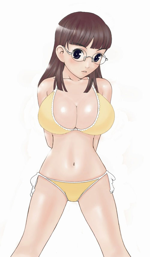 bikini, black eyes, breasts, brown hair, glasses, huge breasts, long hair, simple background, solo, swimsuit, yellow bikini