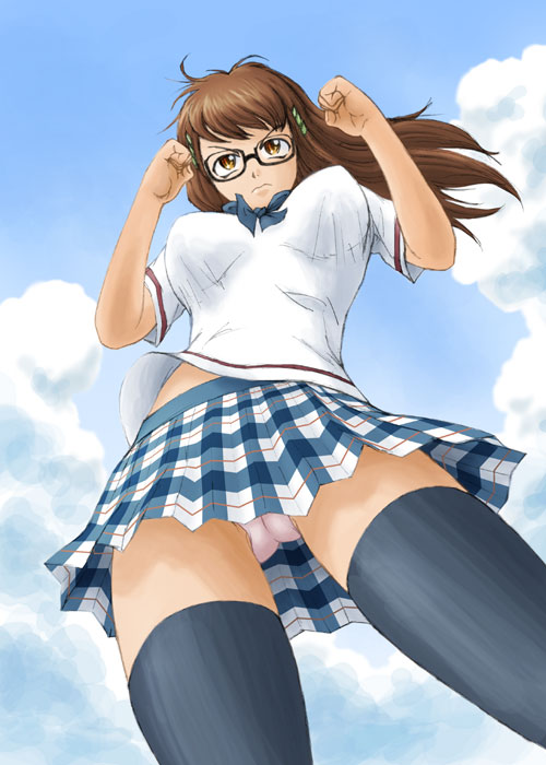 j ichirou, 1girl, angry, breasts, brown eyes, brown hair, cameltoe, day, female focus, fighting stance, from below, glasses, large breasts, long hair, looking down, panties, plaid clothes, plaid skirt, school uniform, serafuku, skirt, sky, solo, thighhighs, underwear