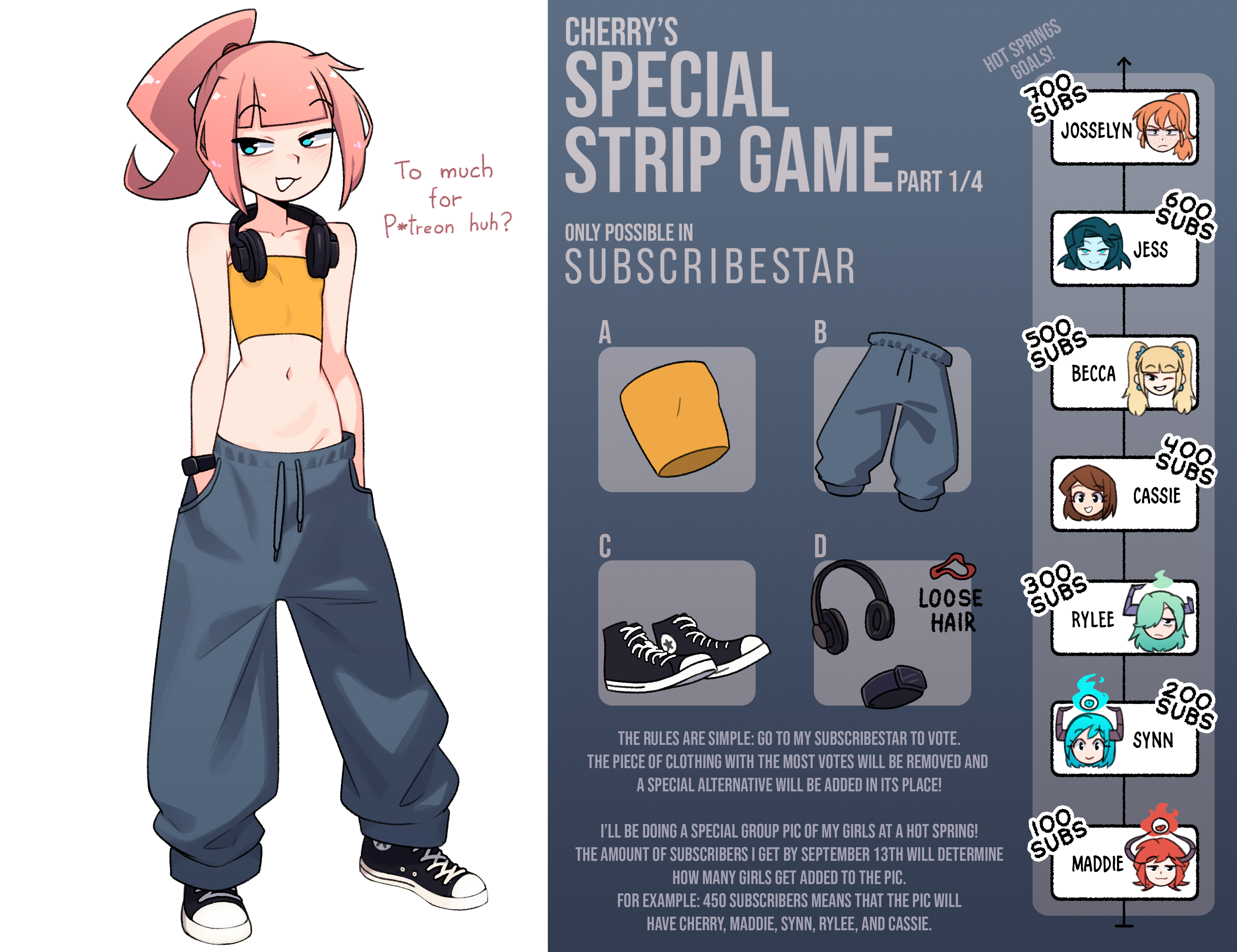 tobias wheller, cherry (tobias wheller), original, absurdres, commentary, english commentary, highres, 1girl, :3, :d, bare arms, bare shoulders, blue eyes, blunt bangs, collarbone, drawstring, english text, flat chest, full body, grey pants, hands in pockets, headphones, headphones around neck, looking at viewer, midriff, navel, open mouth, orange tube top, pants, pink hair, ponytail, shoes, simple background, smile, sneakers, solo, strapless, tube top, twitter strip game, white background