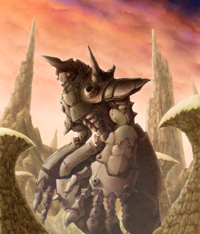 j ichirou, armor, helmet, machinery, mecha, no humans, robot, sunset, weapon