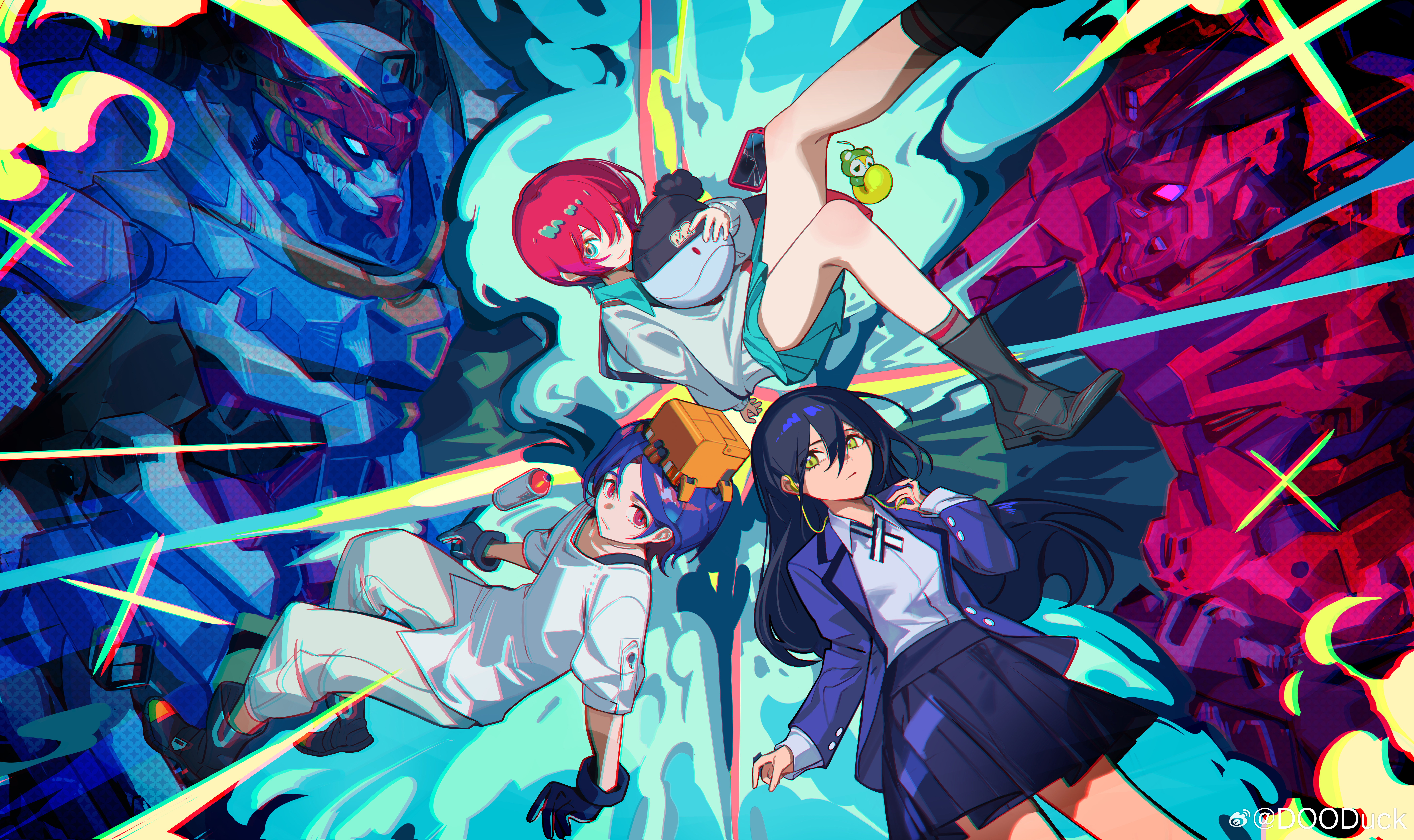 dooduck, amate yuzuriha, gquuuuuux, nyaan (gundam gquuuuuux), red gundam, shuji ito, gundam, gundam gquuuuuux, absurdres, commentary, hashtag-only commentary, highres, 1boy, 2girls, aqua skirt, black boots, black gloves, black hair, black shoes, blue hair, blue jacket, boots, cellphone, chromatic aberration, closed mouth, collared shirt, gloves, grey socks, hair between eyes, jacket, looking at viewer, mecha, miniskirt, mobile suit, multiple girls, open clothes, open jacket, pants, phone, pleated skirt, red eyes, red hair, robot, shirt, shirt tucked in, shoes, skirt, smartphone, socks, watermark, weibo watermark, white pants, white shirt, yellow eyes