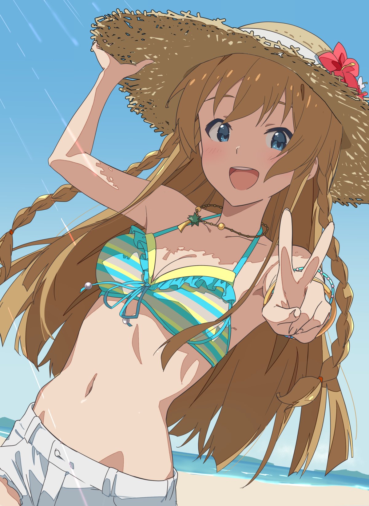 cl (h-sys.), kousaka umi, idolmaster, idolmaster million live!, commentary request, highres, 1girl, :d, beach, bikini, blue eyes, blunt ends, bracelet, braid, breasts, brown hair, cleavage, day, detached sleeves, hand on headwear, hat, jewelry, light blush, long hair, navel, necklace, open mouth, outdoors, outstretched arm, short shorts, shorts, smile, solo, straw hat, striped bikini, striped clothes, sunlight, swimsuit, teeth, twin braids, upper body, upper teeth only, v
