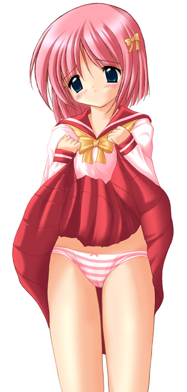 kisaragi mic, blush, clothes lift, hair ribbon, pink hair, ribbon, skirt, skirt lift, solo