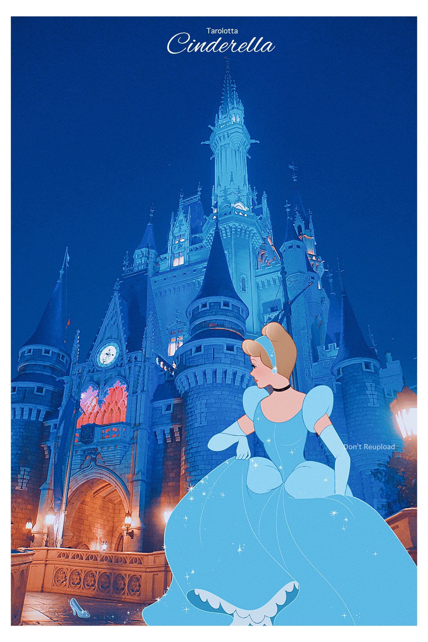 tarolotta, cinderella (disney character), cinderella (disney movie), highres, 1girl, ball gown, blonde hair, blue dress, blue eyes, castle, choker, dress, earrings, elbow gloves, glass slipper, gloves, gown, hair bun, hairband, jewelry, princess, princess dress, short hair, smile, solo