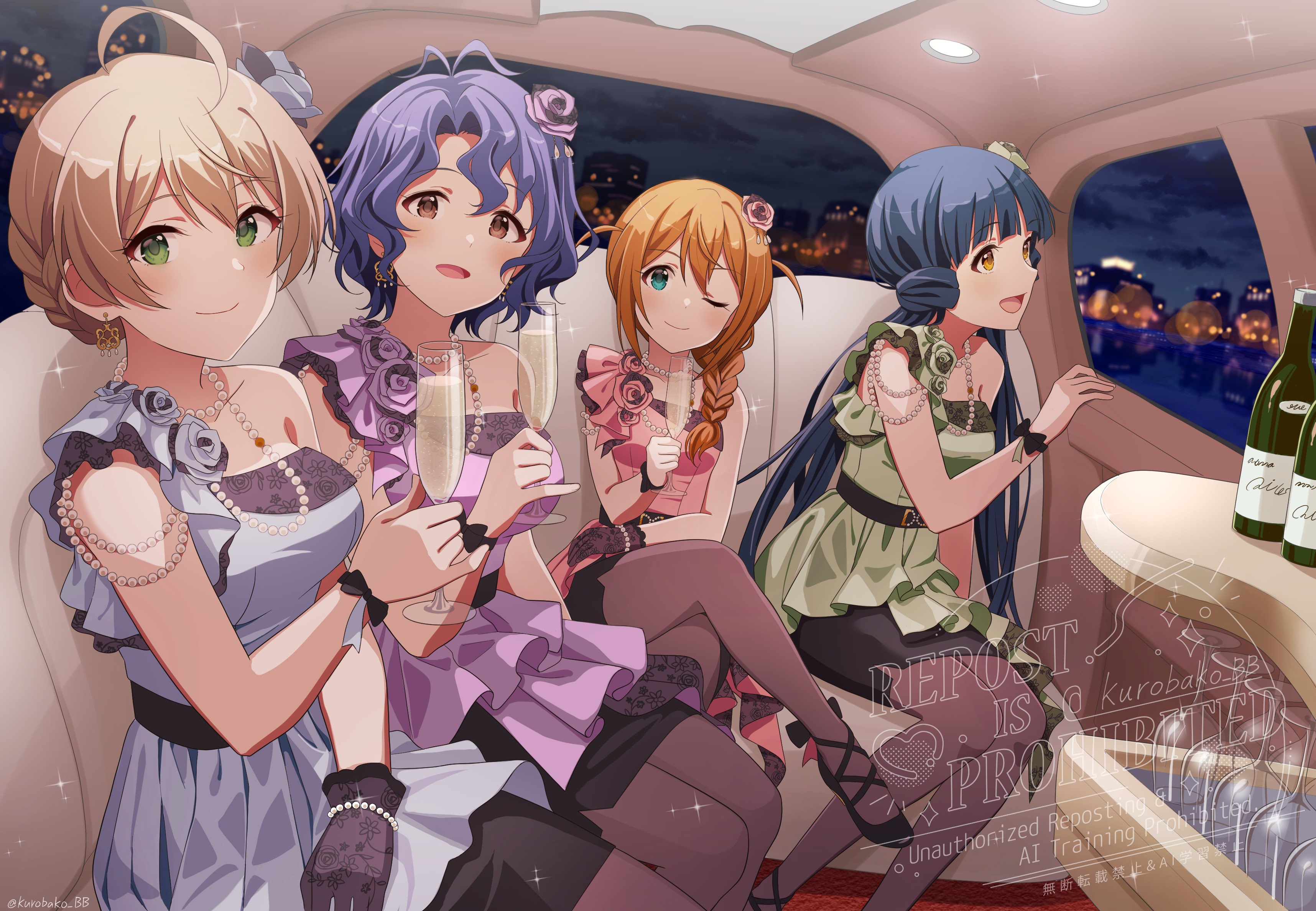 kurobako bb, baba konomi, kitakami reika, sakuramori kaori, toyokawa fuka, idolmaster, idolmaster million live!, idolmaster million live! theater days, absurdres, highres, 4 luxury (idolmaster), 4girls, ahoge, black pantyhose, blue dress, blue eyes, blue hair, braid, breasts, brown eyes, brown hair, car interior, cityscape, closed mouth, crossed legs, cup, dress, drinking glass, flower, gloves, green dress, green eyes, hair flower, hair ornament, hair over shoulder, holding, holding cup, limousine interior, long hair, looking at viewer, multiple girls, night, one eye closed, open mouth, pantyhose, pink dress, purple dress, short hair, single braid, single glove, sitting, smile, sparkle, watermark, wine glass