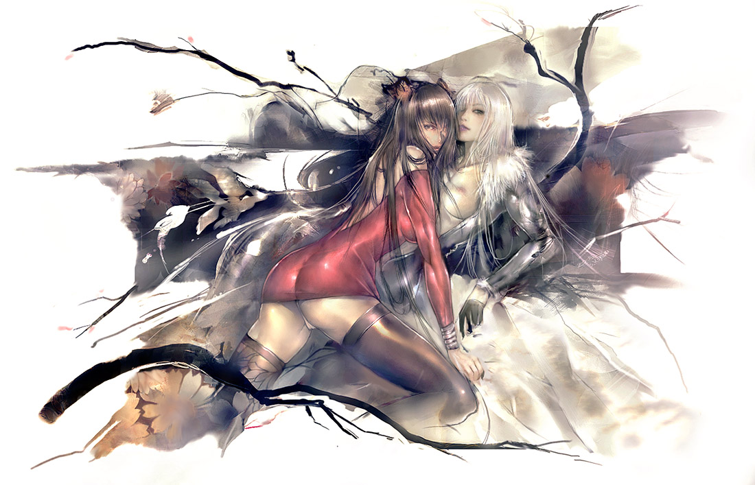 koyama sousuke, samael, original, silver hair, 2girls, ass, breasts, brown hair, long hair, multiple girls, open clothes, open shirt, panties, pantyshot, shirt, thighhighs, underwear, yuri