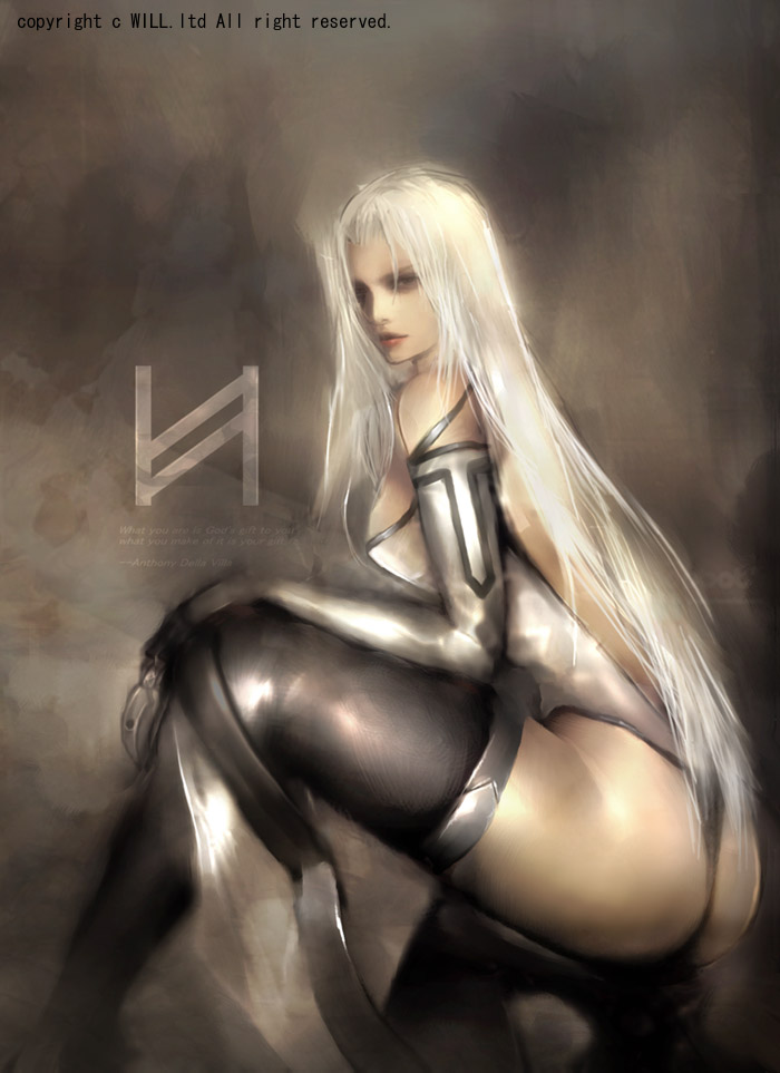 koyama sousuke, samael, vodka (vanquish (forst)), vanquish (forst), silver hair, 1girl, ass, female focus, leotard, long hair, phonecard, solo, squatting, thighhighs, thighs, thong, thong leotard
