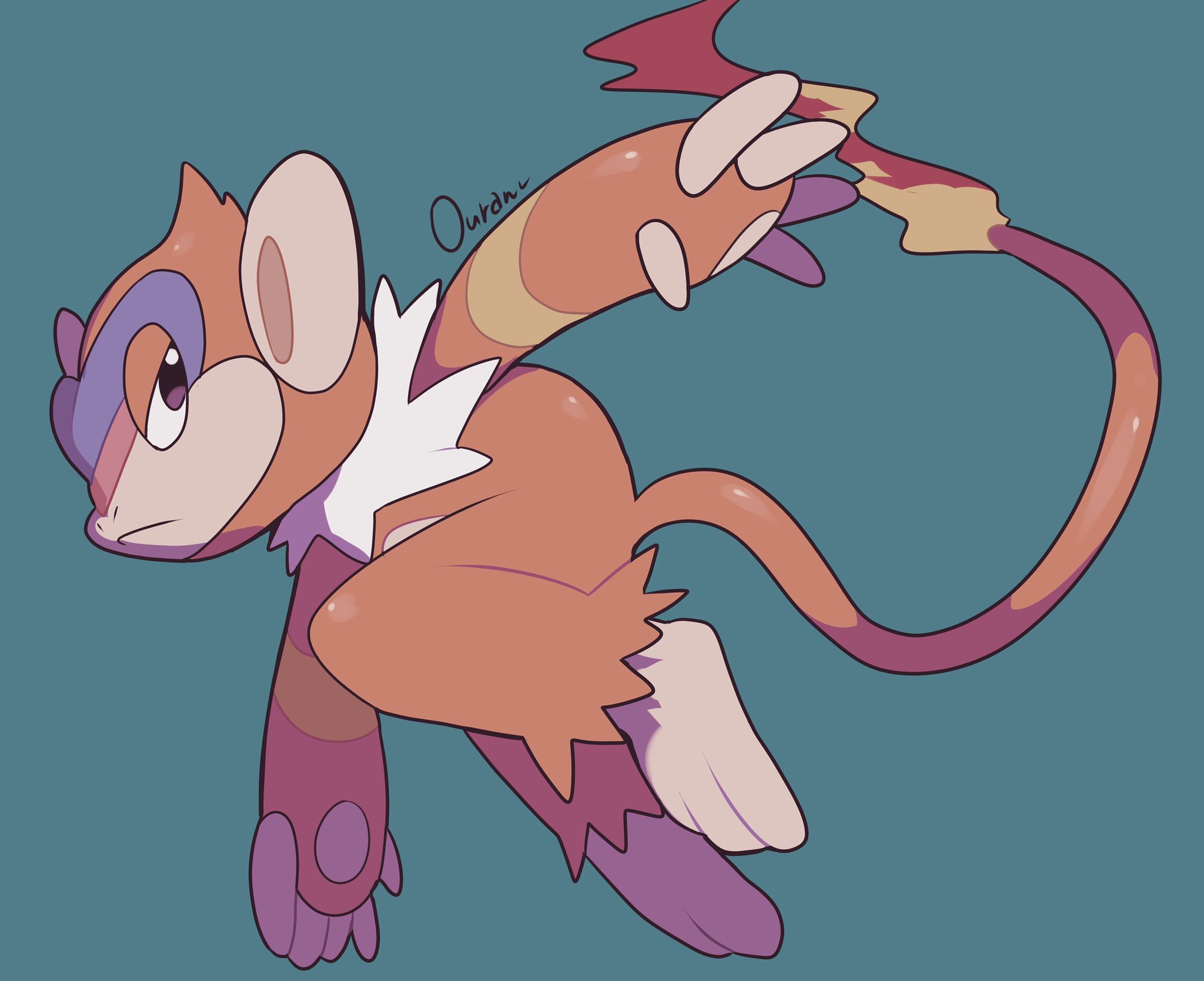 ouran, monferno, nintendo, pokemon, highres, animal focus, brown eyes, closed mouth, fire, flame-tipped tail, gen 4 pokemon, monkey, no humans, pokemon (creature), pokemon focus, simple background, tail