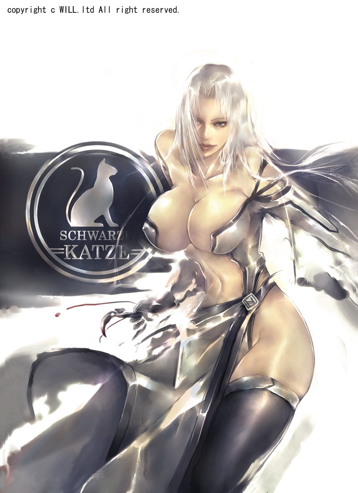 koyama sousuke, samael, vodka (vanquish (forst)), vanquish (forst), silver hair, 1girl, breasts, female focus, huge breasts, large breasts, long hair, midriff, pale skin, phonecard, solo, thighhighs