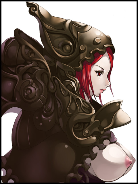 torigoe takumi, tagme, 1girl, armor, breasts, breasts out, female focus, from side, large breasts, mayfly, medium breasts, nipples, red hair, simple background, solo, upper body, white background