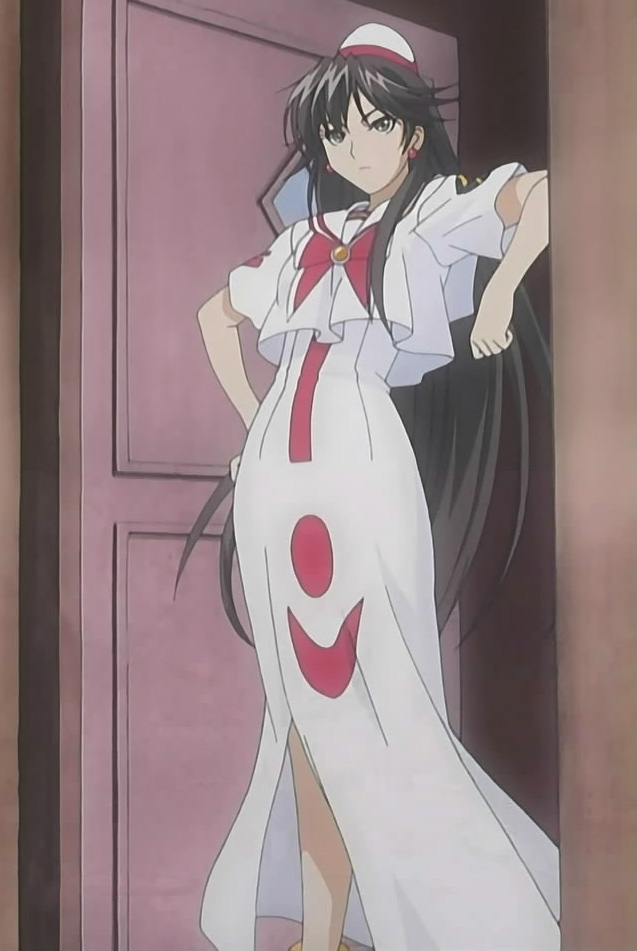 akira ferrari, aria (manga), uniform, anime screenshot, 00s, 1girl, black hair, blouse, bow, door, doorway, dress, earrings, female focus, frown, hat, indoors, jewelry, long hair, mini hat, shirt, short sleeves, solo, standing, very long hair, walk-in, white dress, white shirt