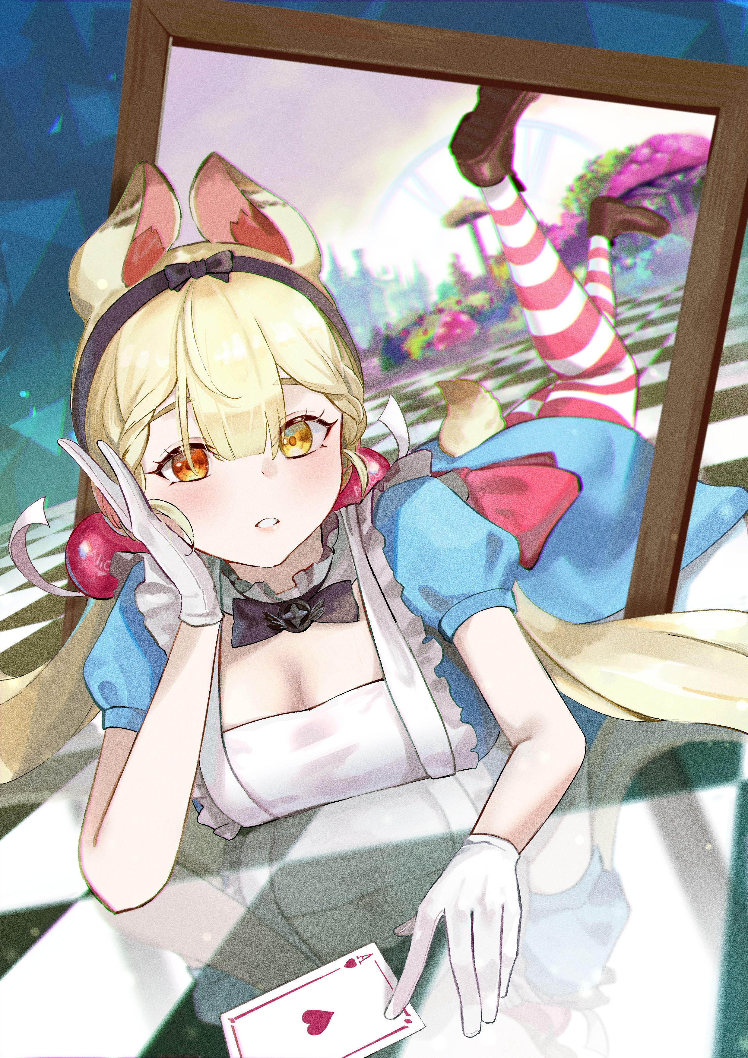 alian2020, alice (alice in wonderland), alice thymefield, alice's adventures in wonderland, zenless zone zero, absurdres, highres, 1girl, ace (playing card), ace of hearts, alice (alice in wonderland) (cosplay), alternate costume, animal ears, blue dress, blush, breasts, brown shoes, card, cleavage, cosplay, dress, gloves, heart, heterochromia, large breasts, long hair, looking at viewer, low twintails, pantyhose, playing card, rabbit ears, rabbit girl, rabbit tail, red eyes, shoes, smile, solo, striped clothes, striped pantyhose, tail, twintails, very long hair, white gloves, yellow eyes