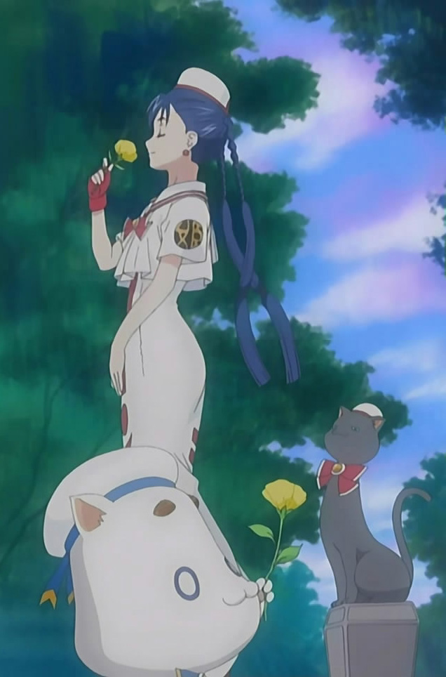 aika granzchesta, aria pokoteng, hime granzchesta, aria (manga), uniform, anime screenshot, stitched, third-party edit, 00s, 1girl, black cat, blouse, blue hair, bow, bowtie, cat, female focus, flower, hat, shirt, smelling, smelling flower, solo, white shirt