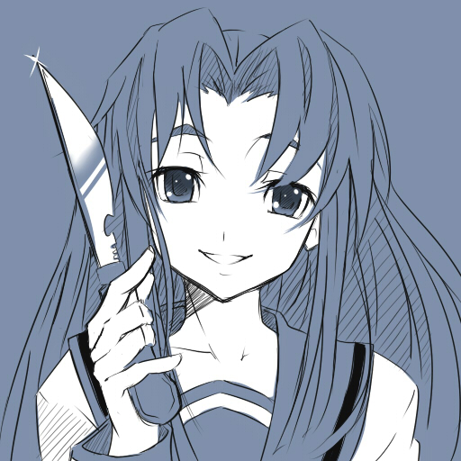 nana g, asakura ryoko, suzumiya haruhi no yuuutsu, 00s, 1girl, blue theme, female focus, happy, knife, monochrome, school uniform, serafuku, smile, solo, you gonna get raped