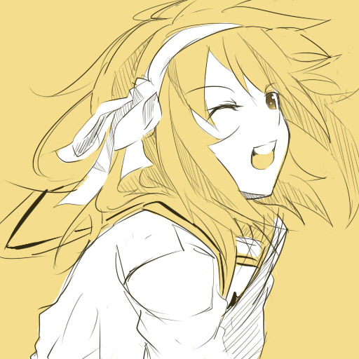 nana g, suzumiya haruhi, suzumiya haruhi no yuuutsu, 00s, 1girl, female focus, monochrome, one eye closed, ribbon, school uniform, serafuku, sketch, solo, wink, yellow theme