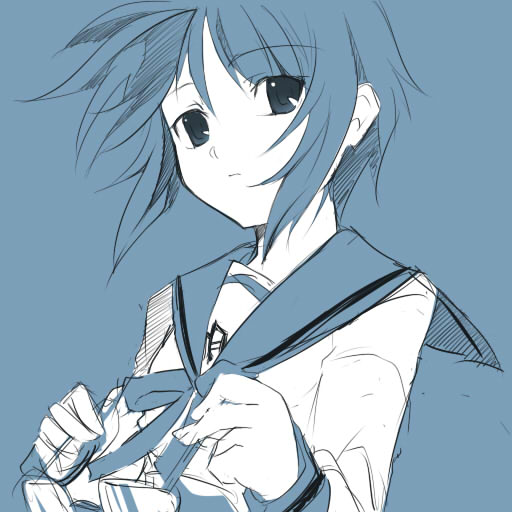 nana g, nagato yuki, suzumiya haruhi no yuuutsu, 00s, 1girl, blue theme, female focus, glasses, monochrome, school uniform, serafuku, sketch, solo