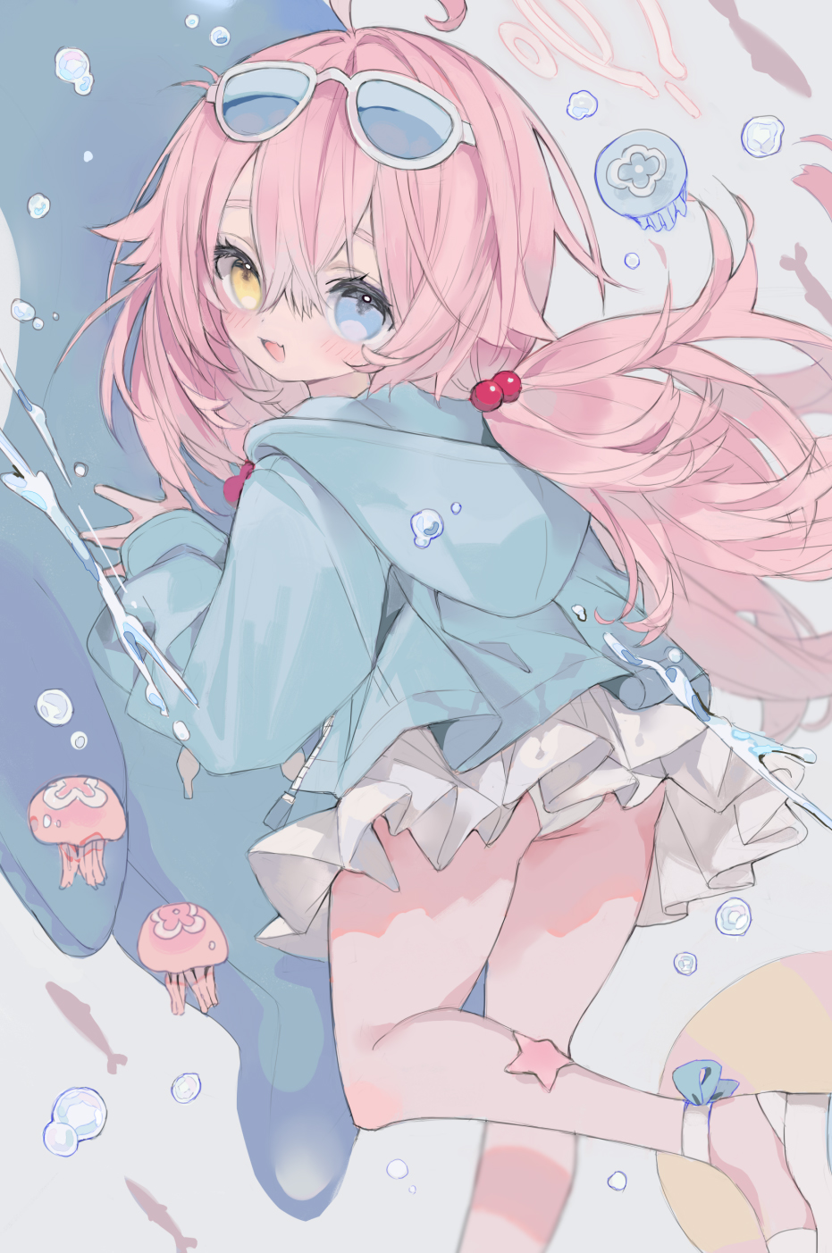 hoshino (blue archive), hoshino (swimsuit) (blue archive), blue archive, highres, 1girl, ahoge, blue eyes, eyewear on head, halo, heterochromia, jacket, long hair, marant38, pink hair, solo, sunglasses, swimsuit, yellow eyes