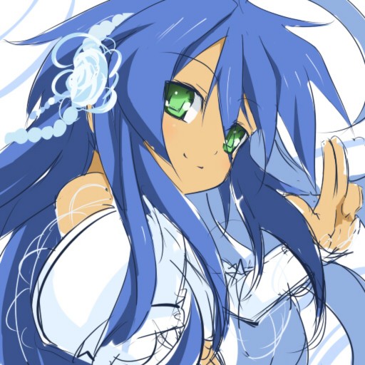 nana g, izumi konata, lucky star, 00s, 1girl, blue hair, blue theme, female focus, flower, green eyes, mole, mole under eye, sketch, solo