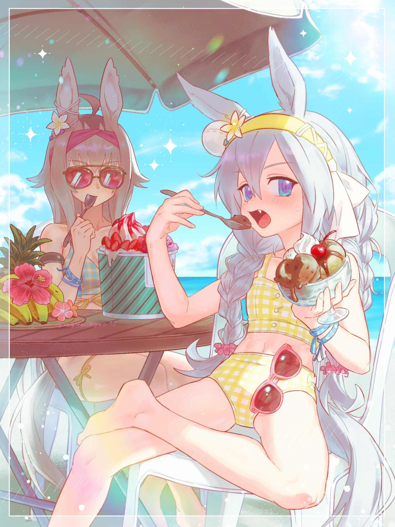 oguri cap (umamusume), tamamo cross (umamusume), umamusume, umamusume: cinderella gray, highres, 2girls, ahoge, animal ears, banana, bare shoulders, beach, beach chair, bikini, blue bikini, blue eyes, blue sky, blush, bowl, breasts, brown hair, chair, checkered bikini, checkered clothes, cherry, closed mouth, ear ornament, eating, fang, flower, food, fruit, giragira egao, glutton, grey hair, grey tail, hair between eyes, hair flower, hair ornament, hairband, headband, holding, holding bowl, holding spoon, horse ears, horse girl, horse tail, ice cream, long hair, looking at viewer, midriff, multicolored hair, multiple girls, navel, ocean, open mouth, outdoors, sitting, sky, spoon, star (symbol), strawberry, sunglasses, swimsuit, table, tail, thigh strap, tinted eyewear, umbrella, unworn eyewear, very long hair, whipped cream, white bikini, yellow bikini, yellow headband