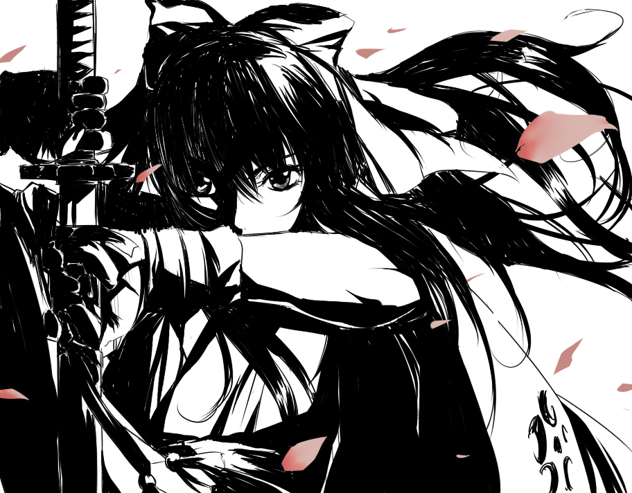 nana g, shinguuji sakura, sakura taisen, 00s, 1girl, female focus, gloves, katana, long hair, monochrome, petals, ribbon, solo, spot color, sword, tassel, weapon
