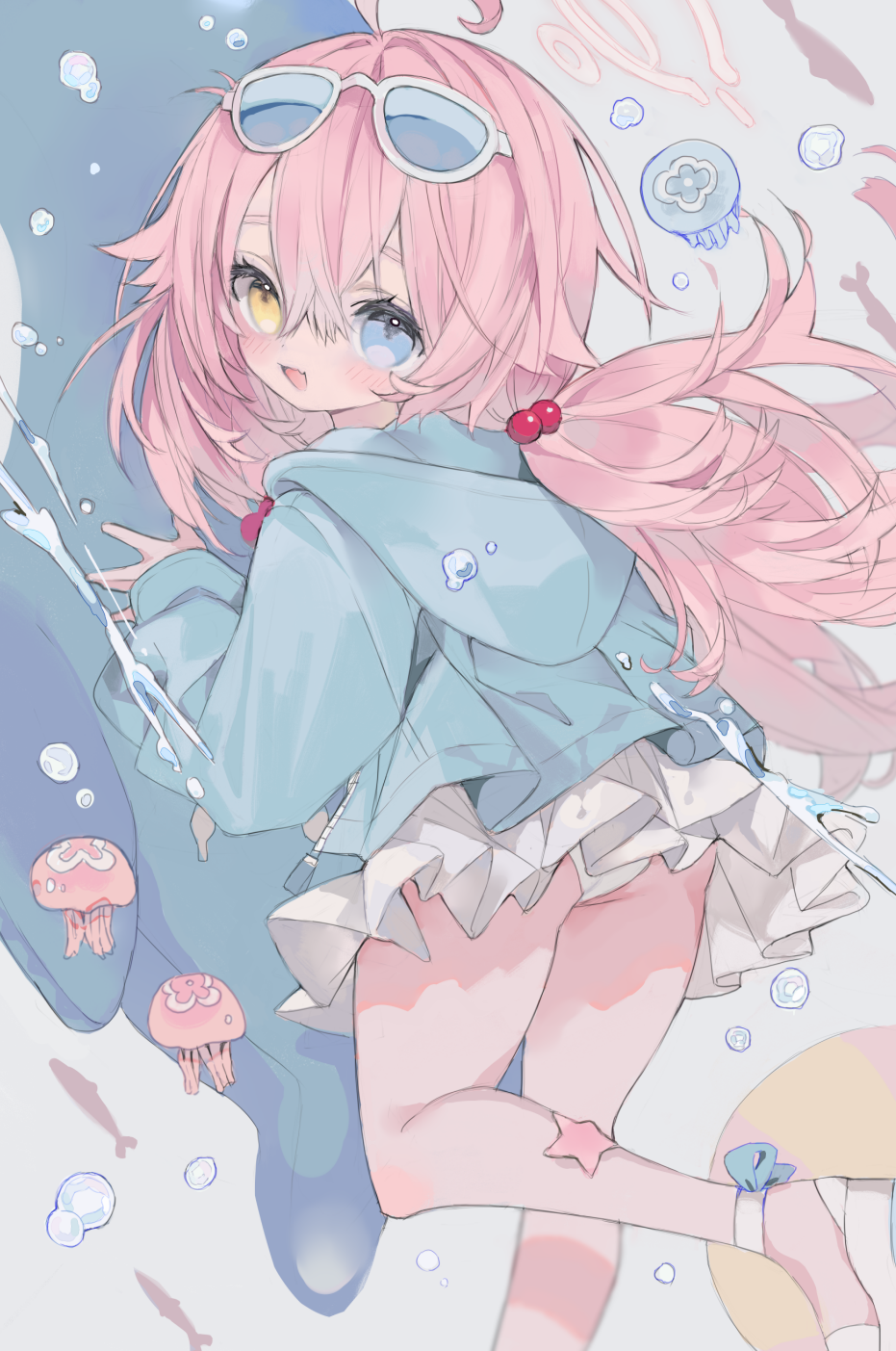 hoshino (blue archive), hoshino (swimsuit) (blue archive), blue archive, commentary, highres, revision, 1girl, ahoge, blue eyes, eyewear on head, halo, heterochromia, jacket, long hair, marant38, pink hair, solo, sunglasses, swimsuit, yellow eyes