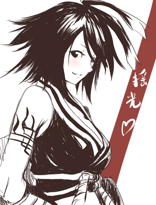 nana g, alkaid (.hack//), .hack//, .hack//g.u., bandai, cyber connect 2, 00s, 1girl, blush, female focus, monochrome, short hair, solo, spot color