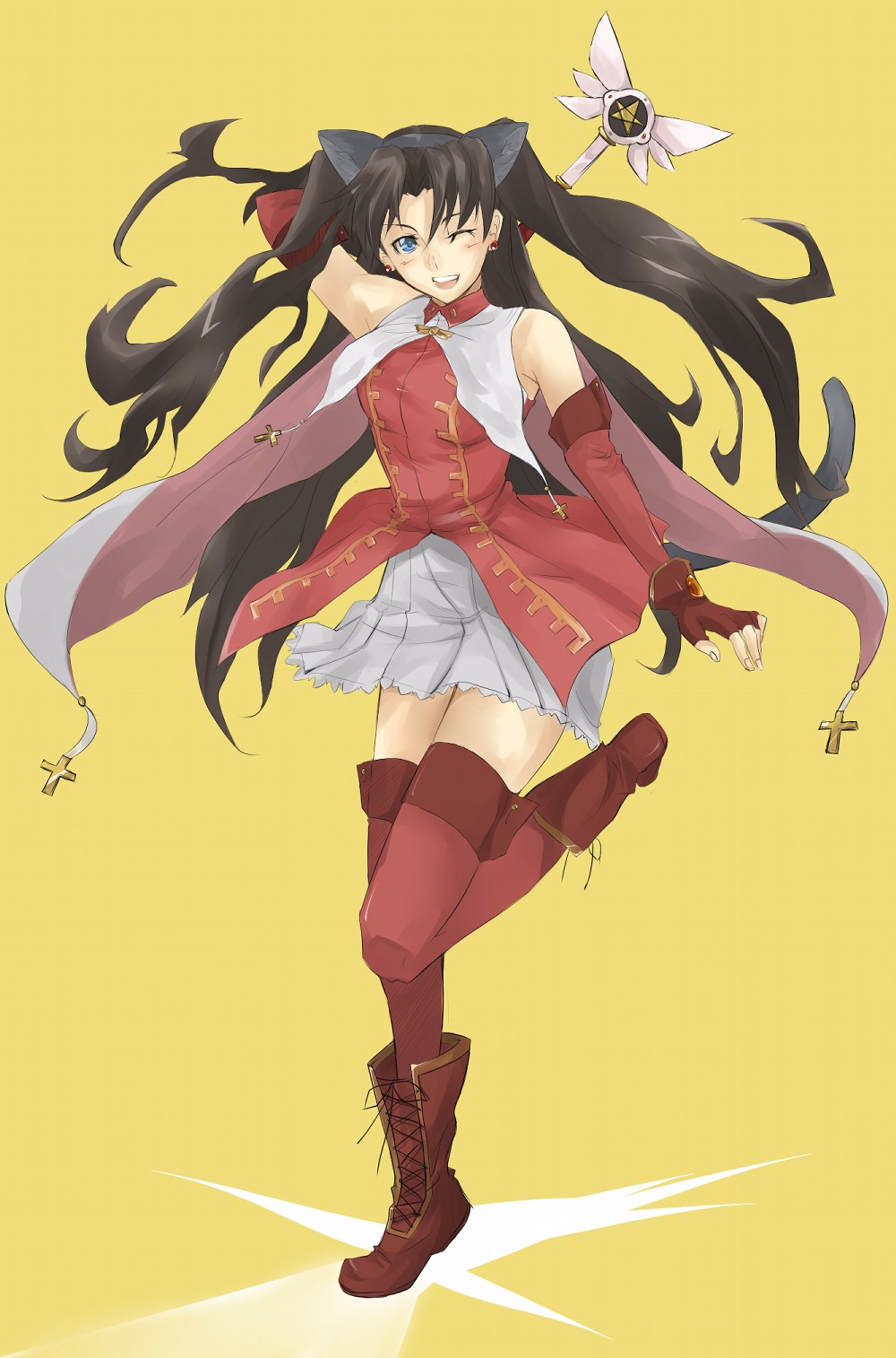 nana g, kaleido ruby, kaleidostick, tohsaka rin, toosaka rin, fate/stay night, fate (series), highres, 00s, 1girl, animal ears, black hair, blue eyes, cat ears, cat tail, female focus, gloves, long hair, skirt, solo, tail, thighhighs, twintails, two side up, wand, zettai ryouiki