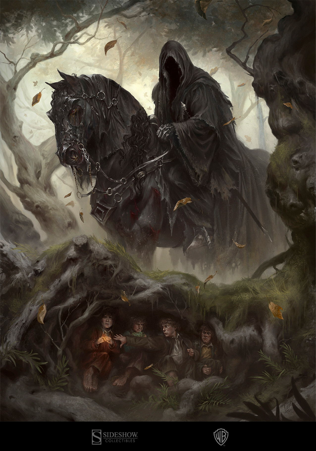 frodo baggins, meriadoc brandybuck, nazgul, peregrin took, samwise gamgee, the one ring, the lord of the rings, tolkien's legendarium, commentary, english commentary, highres, 5boys, alvaro jimenez, armor, black border, black cloak, black horse, border, cloak, company name, fantasy, forest, gauntlets, glowing jewelry, halfling, hiding, hood, hood up, hooded cloak, horse, horseback riding, multiple boys, nature, riding, short hair, sword, title, tree, weapon