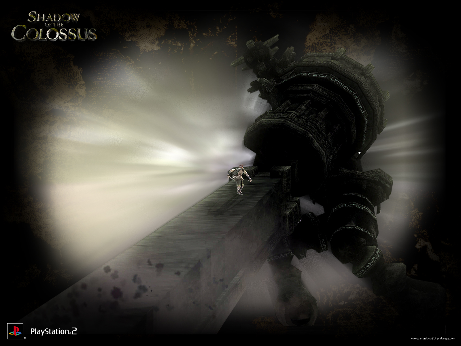 wander (shadow of the colossus), shadow of the colossus, highres, attack, colossus, game console, giant, playstation 2, sword, video game, weapon